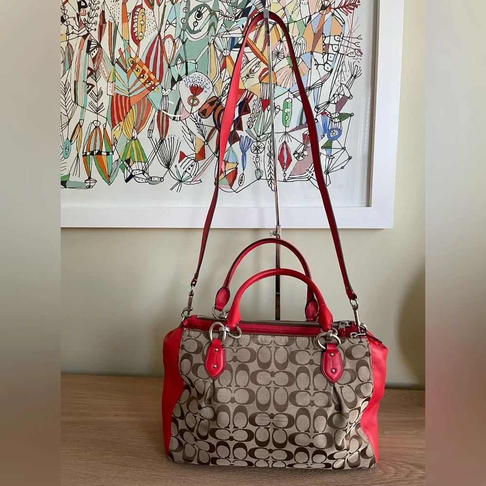 COACH F36376 SIGNATURE COLETTE CARRYALL RED TAN BROWN SHOULDER SATCHEL CROSSBODY